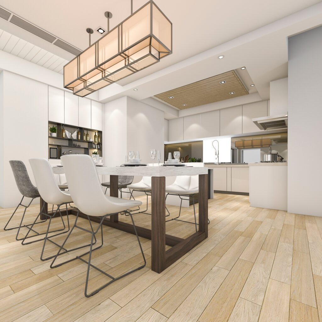 3d rendering beautiful modern white kitchen and dining room
