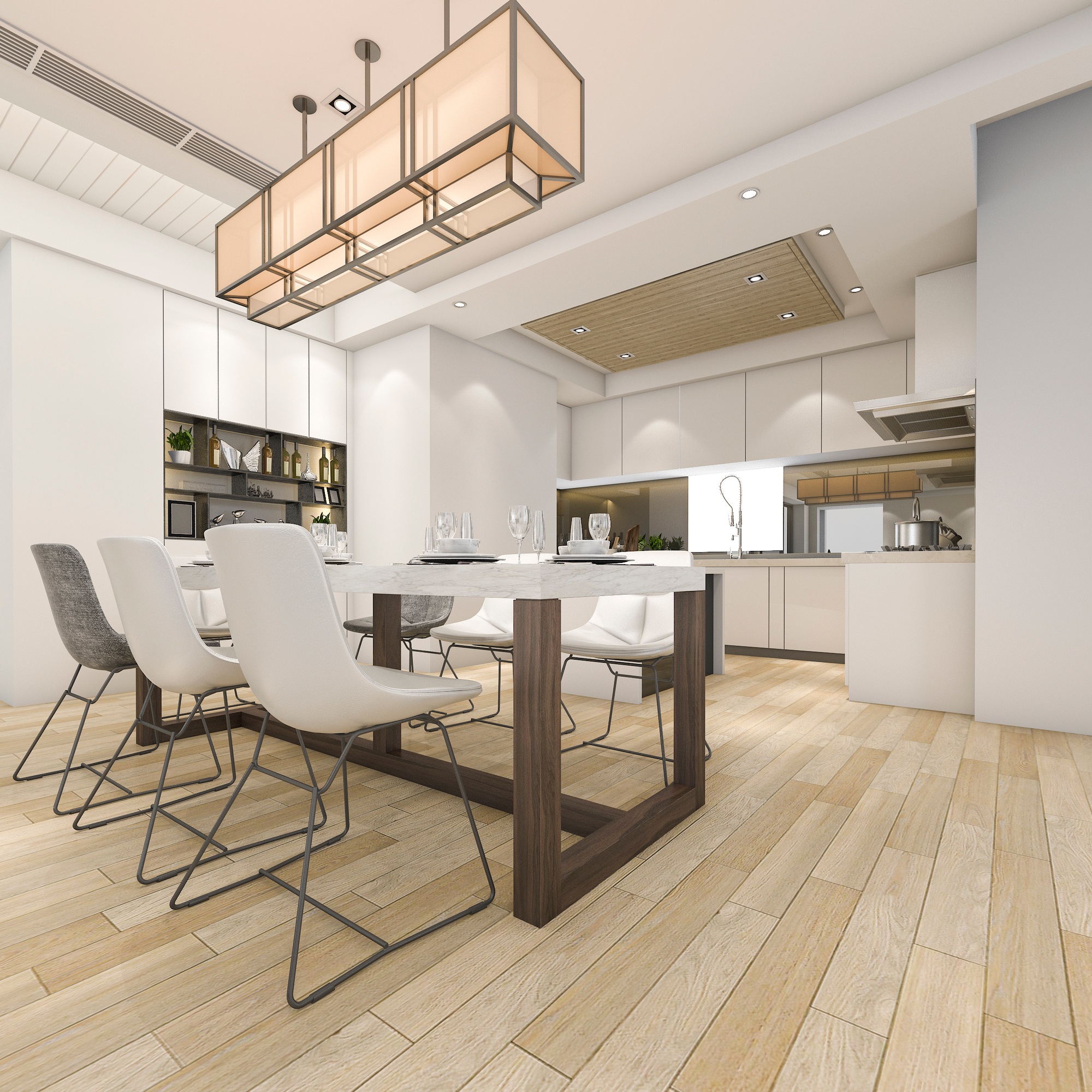 3d rendering beautiful modern white kitchen and dining room