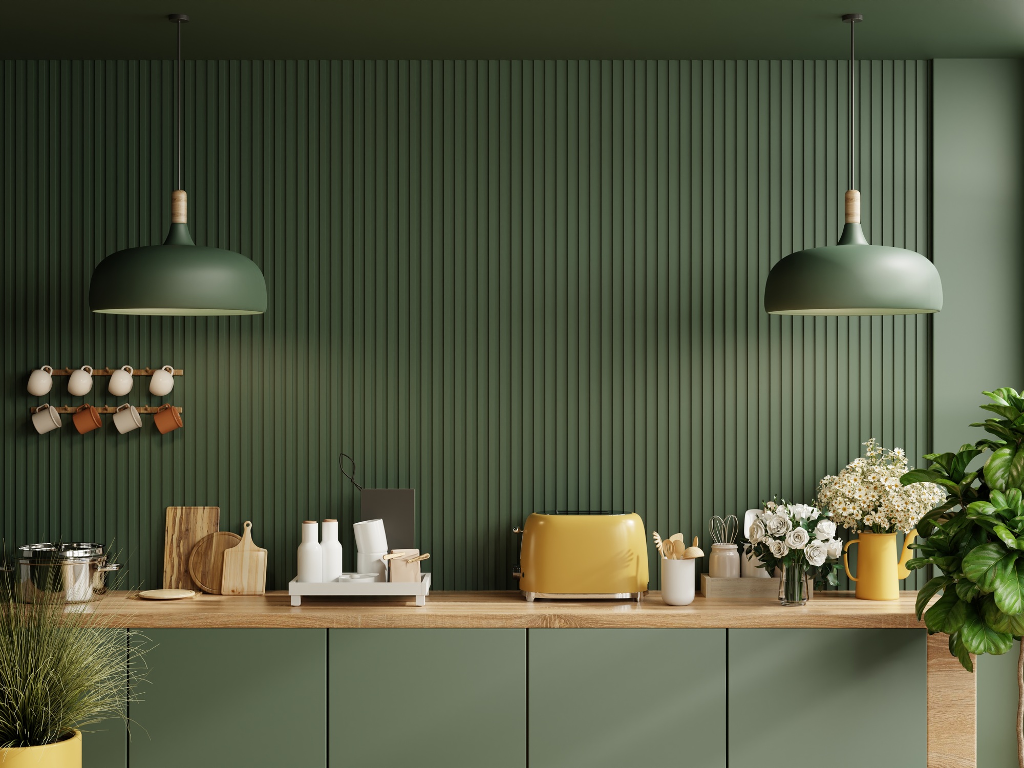 Green kitchen room and minimalist interior design on mockup wood slat wall