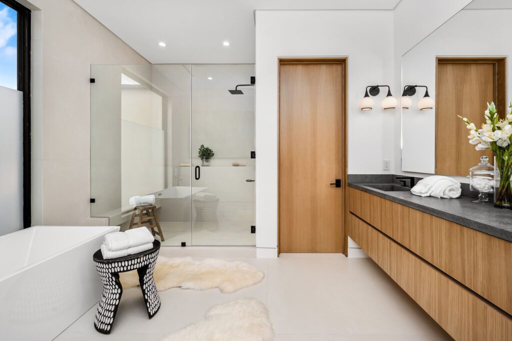 Modern Bathroom Interior with Wooden Accents