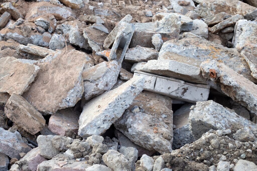 Piles of rubble after house demolition