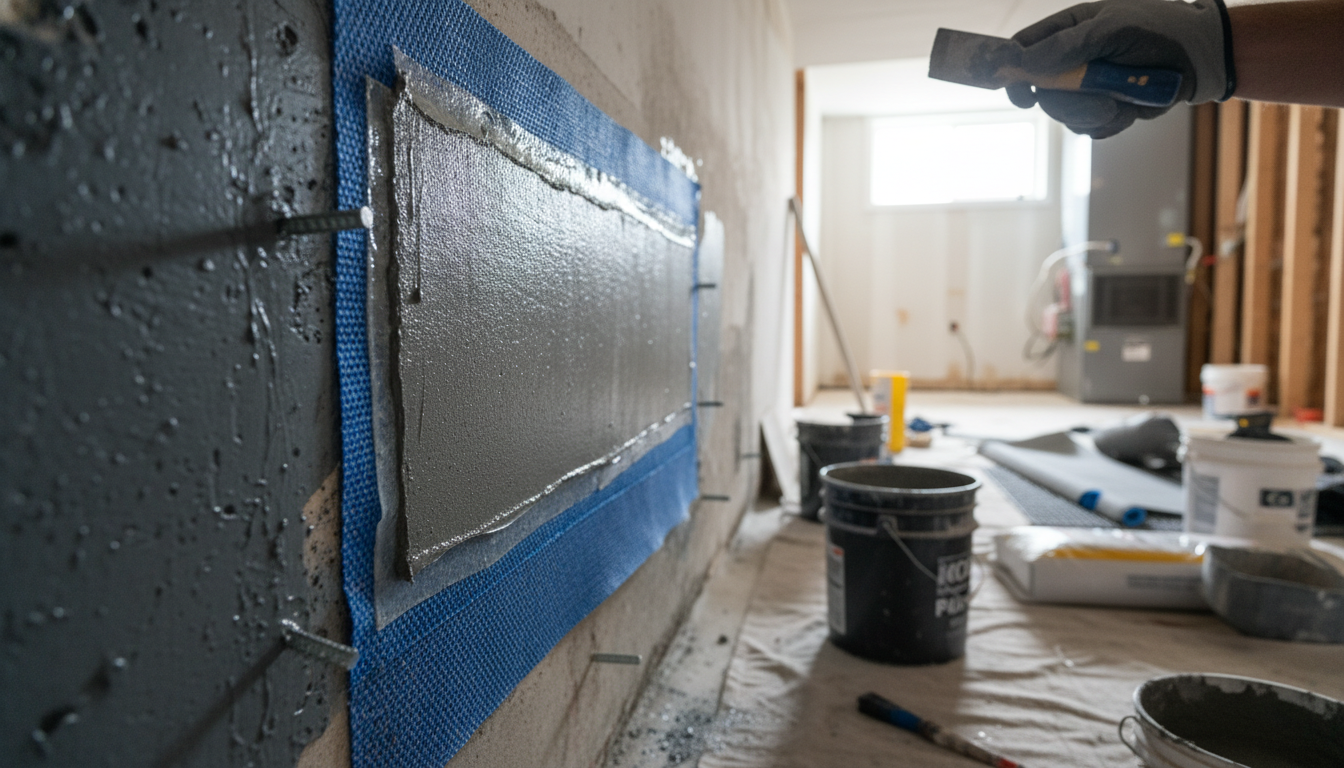 Revival Construction team working on a basement leak repair project