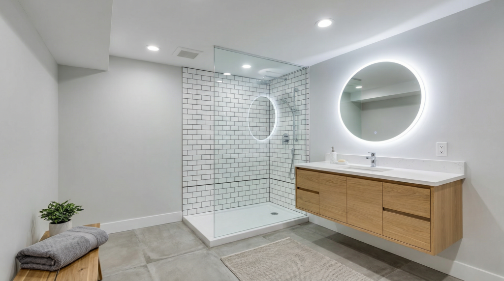 Modern bathroom with a glass-enclosed shower, white tile walls, a floating wooden vanity with a lit round mirror above, concrete floor, a beige rug, and a wooden bench with towels and a small potted plant.