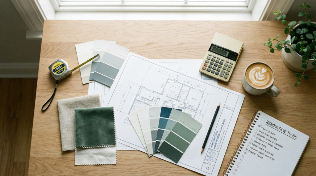 A wooden desk with architectural plans, color swatches, fabric samples, a tape measure, a pencil, a calculator, a cup of latte art coffee, a small plant, and a renovation to-do list.