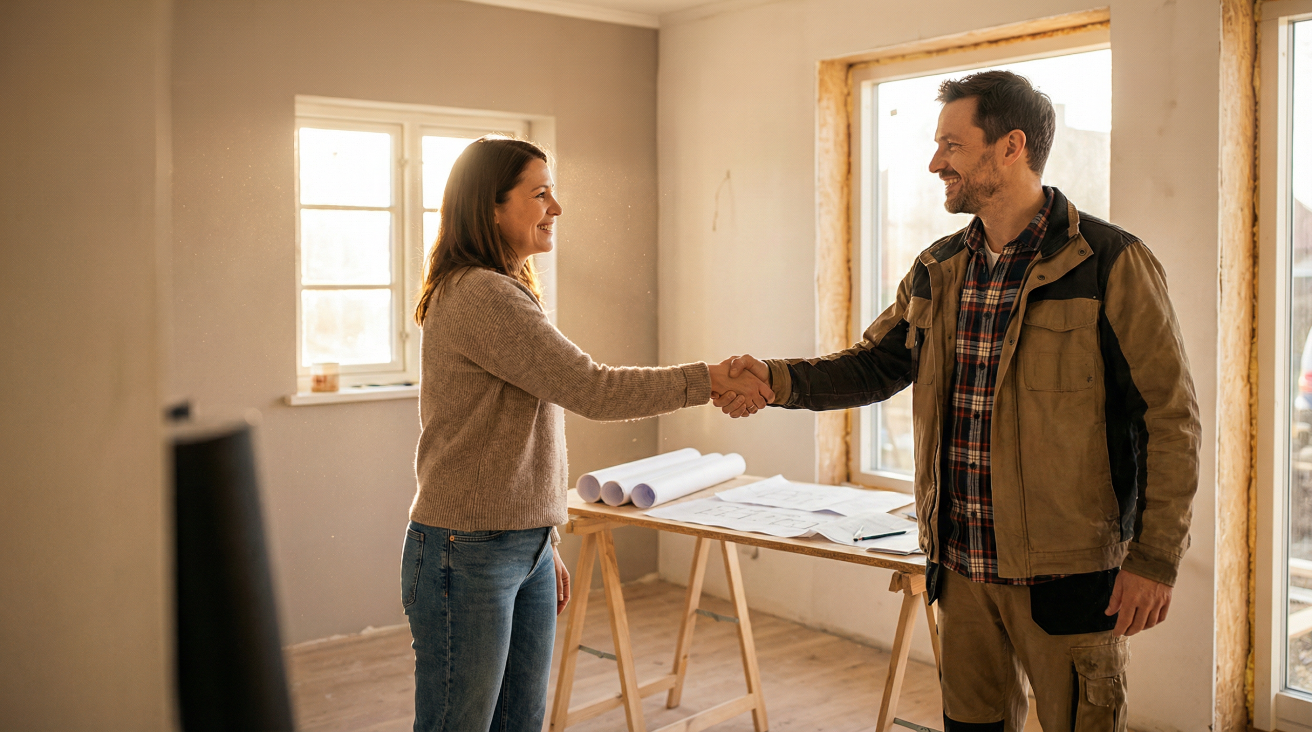 A woman and a man shake hands inside a room under renovation. Blueprints are on a table behind them, and sunlight shines through unfinished windows, suggesting a construction or remodeling project.