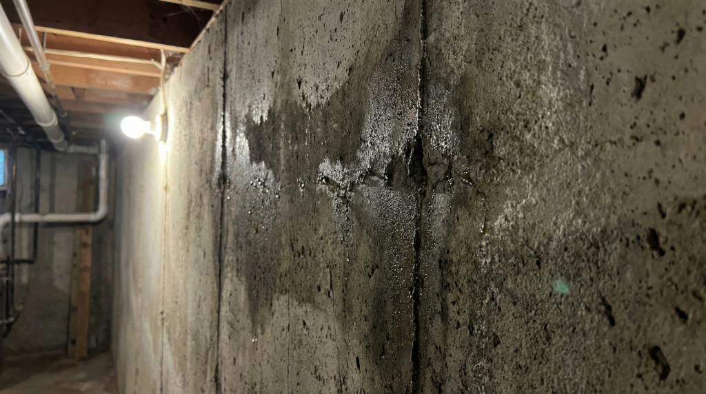 A wet, cracked concrete basement wall with visible water seepage under a bare lightbulb, exposed ceiling beams, and pipes in the background.