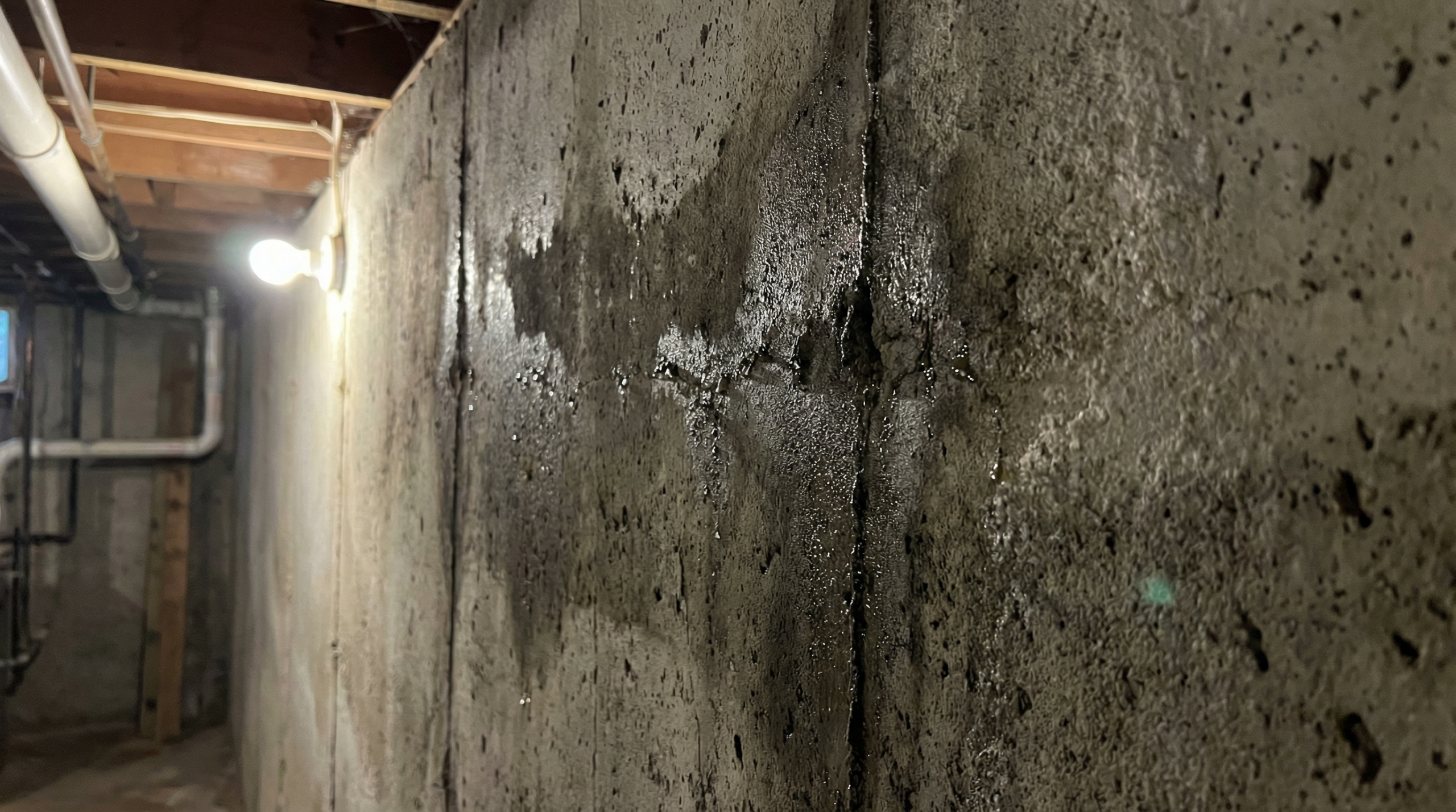 A wet, cracked concrete basement wall with visible water seepage under a bare lightbulb, exposed ceiling beams, and pipes in the background.
