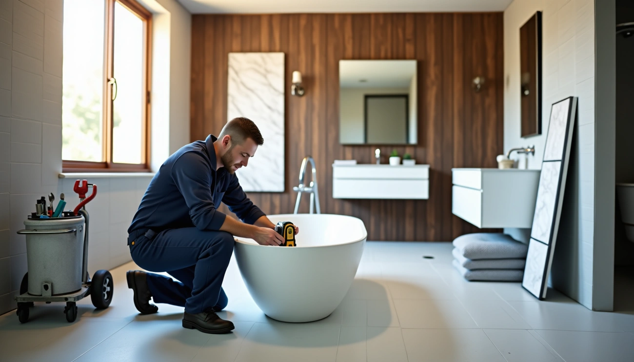 A plumber in uniform kneels beside a modern white bathtub, using a tool to make repairs in a stylish bathroom with wood-paneled walls, large window, and contemporary fixtures.