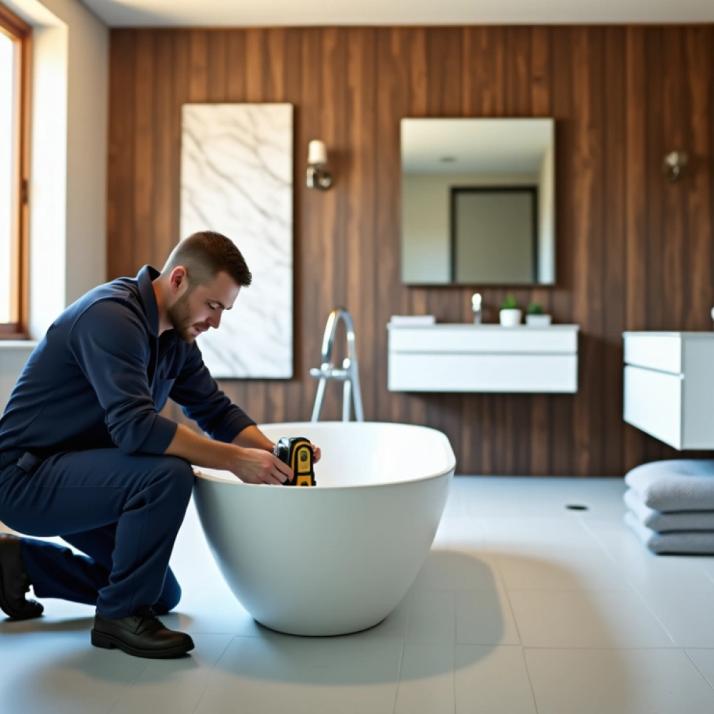 A plumber in uniform kneels beside a modern white bathtub, using a tool to make repairs in a stylish bathroom with wood-paneled walls, large window, and contemporary fixtures.