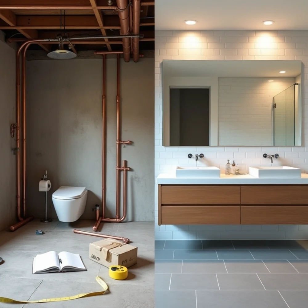 A split-screen image shows a bathroom under construction on the left, with exposed pipes, tools, and materials, and a finished modern bathroom on the right, featuring a glass shower, double sinks, and clean tile surfaces.