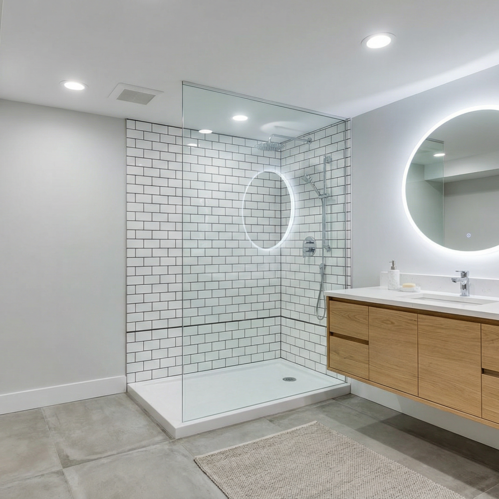 Modern bathroom with a glass-enclosed shower, white tile walls, a floating wooden vanity with a lit round mirror above, concrete floor, a beige rug, and a wooden bench with towels and a small potted plant.