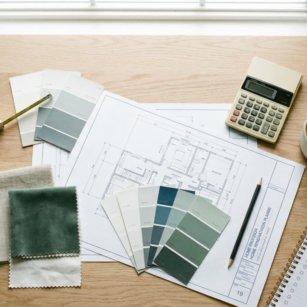 A wooden desk with architectural plans, color swatches, fabric samples, a tape measure, a pencil, a calculator, a cup of latte art coffee, a small plant, and a renovation to-do list.