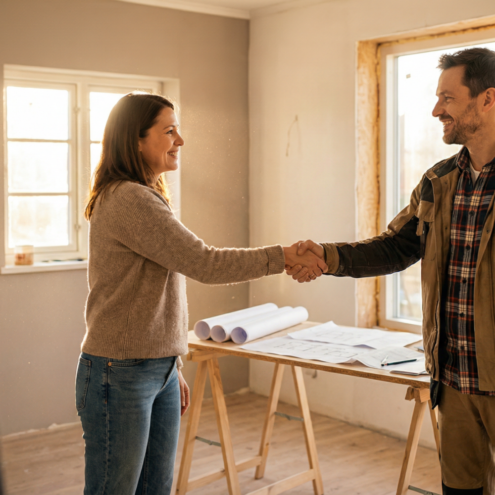 A woman and a man shake hands inside a room under renovation. Blueprints are on a table behind them, and sunlight shines through unfinished windows, suggesting a construction or remodeling project.