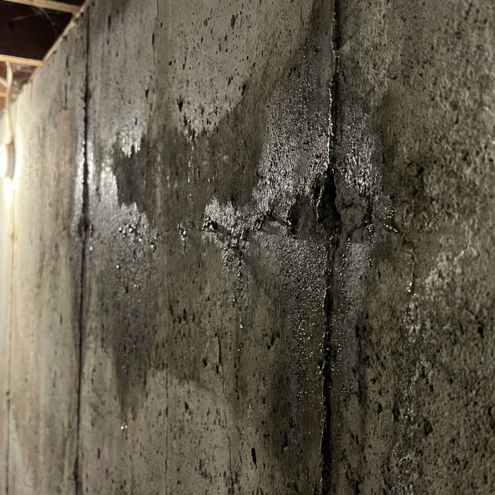 A wet, cracked concrete basement wall with visible water seepage under a bare lightbulb, exposed ceiling beams, and pipes in the background.